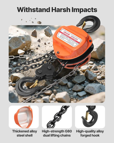 Heavy Duty Hand Chain Hoist 2 Ton Capacity 4400 Lbs With Galvanized G80 Chain 20 Foot Lift Height Manual Chain Block
