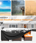 Beefy 420D Heavy Duty Outdoor Patio Furniture Cover Waterproof Universal Fit For 90 Inch Long By 64 Inch Wide By 28 Inch High Tables Chairs Sofas Benches All Weather Protection Black covering furniture in snowy yard.