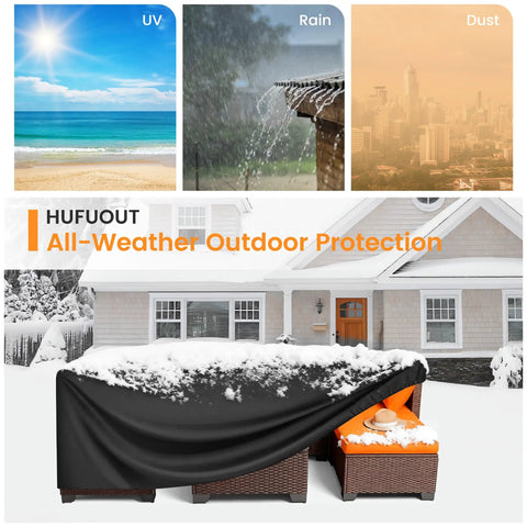 Beefy 420D Heavy Duty Outdoor Patio Furniture Cover Waterproof Universal Fit For 90 Inch Long By 64 Inch Wide By 28 Inch High Tables Chairs Sofas Benches All Weather Protection Black covering furniture in snowy yard.