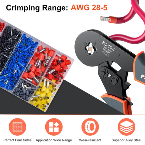 Heavy Duty Ferrule Crimping Tool Kit With Square Jaw Ratchet Pliers For Wire Crimping AWG 28-5 And 1200 Terminal Sleeves