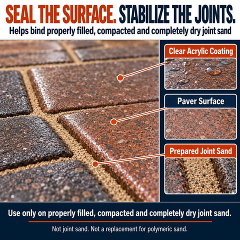 Heavy Duty High Gloss Wet Look Paver Sealer For Concrete And Brick Walkways One Gallon applied to paver surface with visible joint sand.