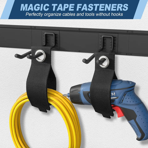 Heavy Duty Garage Wall Organizer System With Six Rails And Twelve Adjustable Hooks holding a drill and extension cord