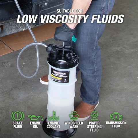 Person using Manual Fluid Extractor Pump for Oil Change and Transmission Fluid, 8L Capacity, 5ft Hose, on concrete floor.