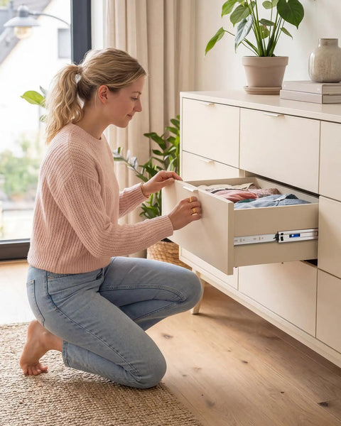 14 Inch Side Mount Soft Close Drawer Slides Set With 5 Pairs Heavy Duty Full Extension, Tough As Nails Built To Last Metal Ball Bearing Runners, Quiet Self Closing Dresser Glides, Mounting Brackets Included, 100 Pound Capacity installed on a dresser drawer