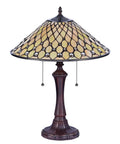 Table Lamp In Tiffany Style With Glass Bead Trim And Downlight, Pull Chain, Off White Finish, 216 Glass Cut Beads, Uses 2 Max 100W