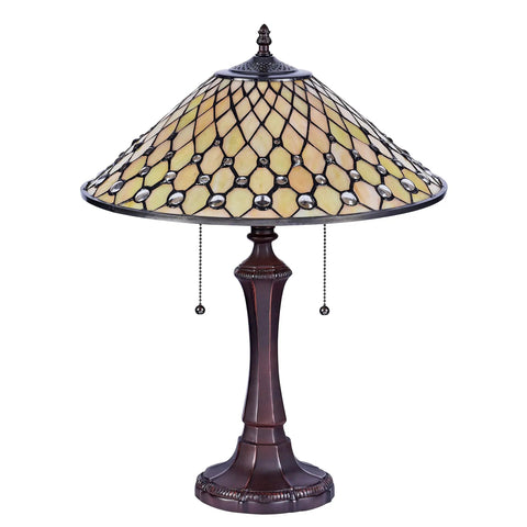 Table Lamp In Tiffany Style With Glass Bead Trim And Downlight, Pull Chain, Off White Finish, 216 Glass Cut Beads, Uses 2 Max 100W