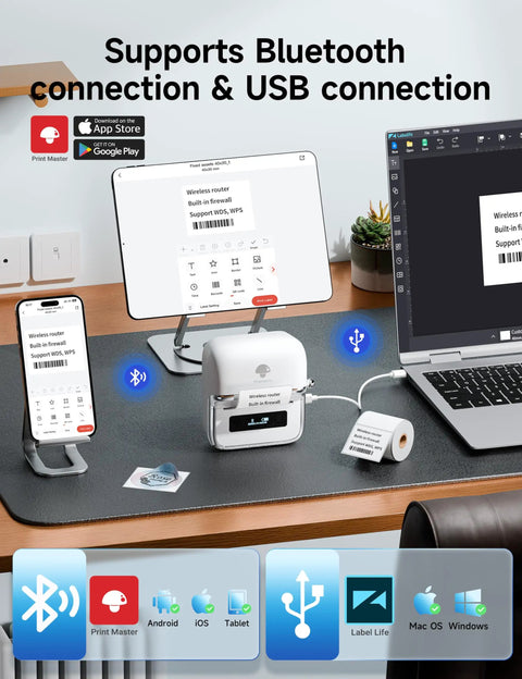 3 Inch Label Maker Portable Printer For Home Office, 2026 Upgrade With 2200mAh Battery on desk with phone and laptop