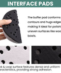 Do It All 6 Inch Sanding Pads And Discs Kit With Tear Resistant 49 Hole Film showing rounded black interface pad hand-held