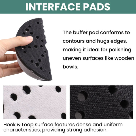 Do It All 6 Inch Sanding Pads And Discs Kit With Tear Resistant 49 Hole Film showing rounded black interface pad hand-held