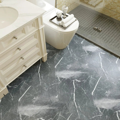 Grey Marble Peel And Stick Vinyl Floor Tiles 24 Pack Waterproof 12x12 Self Adhesive Floor Tiles For Bathroom Kitchen Bedroom Basement Removable Stick On With Durable Slightly Textured Finish in a bathroom setting
