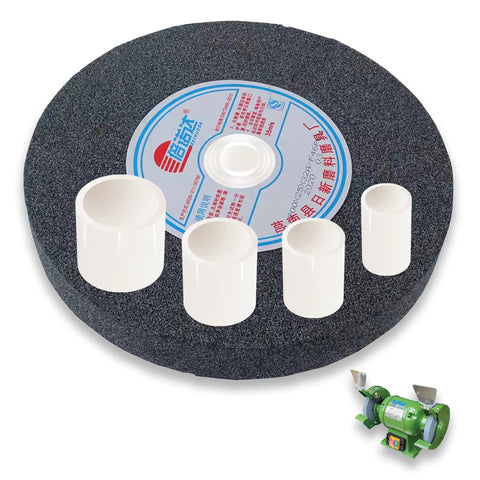 8 Piece Reducing Bushing Adapters For Bench Grinder Wheels Set 2 Sets Included Four Bushing Sizes For Three Quarter Inch Wheels Inner Diameters One Half Inch Five Eighths Inch Three Quarters Inch And One Inch To One And A Quarter Inch Plastic, white bushings shown