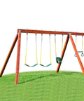 Heavy Duty Swing Hangers Rust Resistant Stainless Steel 304 Swivel Bolts Bombproof 180 Rotation Quick Mounts Wood Or Steel Beams Ultimate Backyard Staple For Porch Swings Hammocks And Punching Bag Four Pack with swings on a grassy yard.