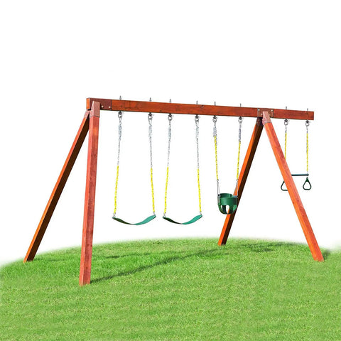 Heavy Duty Swing Hangers Rust Resistant Stainless Steel 304 Swivel Bolts Bombproof 180 Rotation Quick Mounts Wood Or Steel Beams Ultimate Backyard Staple For Porch Swings Hammocks And Punching Bag Four Pack with swings on a grassy yard.