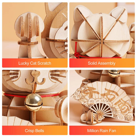 3D Wooden Puzzle Lucky Cat DIY Wood Craft Model Kit For Teens And Adults Easy To Build Fun Family Project No Brainer STEM Craft Gift Beginner Friendly Hands On Home DIY Kit, wooden cat detail