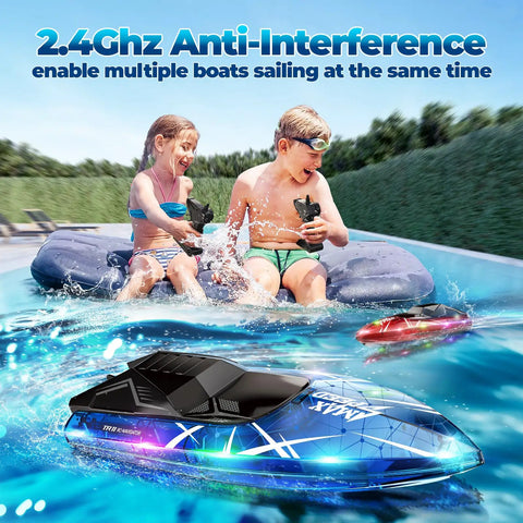 Children playing with Two Pack RC Boat Set With LED Lights For Pool, Lake, River And Bathtub, 2.4GHz Remote, in a pool.