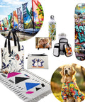 Colorful crafts made with 24 Inch By 100 Foot Sublimation Paper Roll 95Gsm Fast Dry Matte Finish For Epson SureColor F570 Printers Best For Tee Shirts Tumblers Textiles And Craft Projects 2 Inch Core featuring skateboards, textiles, and bags.