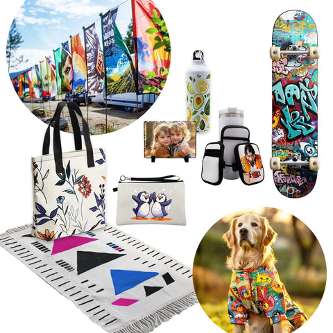 Colorful crafts made with 24 Inch By 100 Foot Sublimation Paper Roll 95Gsm Fast Dry Matte Finish For Epson SureColor F570 Printers Best For Tee Shirts Tumblers Textiles And Craft Projects 2 Inch Core featuring skateboards, textiles, and bags.