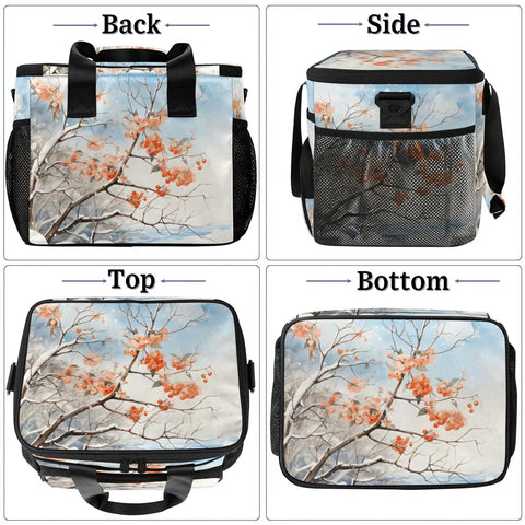 Four views of Insulated Picnic Backpack Lunch Box for Women and Men, floral design, spacious tote cooler for outdoor adventures.