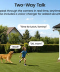 Two-way talk feature of 4K True Color Outdoor Security Camera With Solar Power Wireless WiFi AI Triple Detection 360 Degree Auto Tracking Night Vision Weatherproof Home Surveillance, showing child and dog in garden.