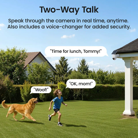 Two-way talk feature of 4K True Color Outdoor Security Camera With Solar Power Wireless WiFi AI Triple Detection 360 Degree Auto Tracking Night Vision Weatherproof Home Surveillance, showing child and dog in garden.