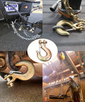 Beefy Three Eighths Inch Clevis Slip Hook Set With Safety Latch Two Pack Trailer Chain Hooks attached to vehicles and a crane.
