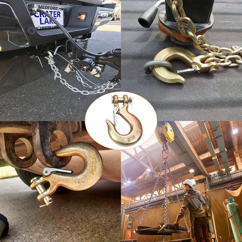 Beefy Three Eighths Inch Clevis Slip Hook Set With Safety Latch Two Pack Trailer Chain Hooks attached to vehicles and a crane.