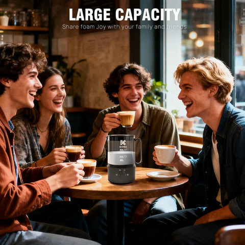 Cafe Quality Home Coffee Bar 350ml Milk Frother And Steamer With Four Modes displayed on table with people enjoying coffee