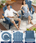 Two people relaxing on navy folding Adirondack chairs with hidden cup holders on a patio, demonstrating all-weather HDPE seating.