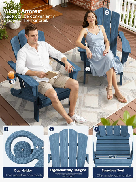 Two people relaxing on navy folding Adirondack chairs with hidden cup holders on a patio, demonstrating all-weather HDPE seating.