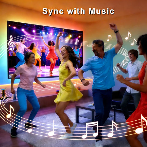 Group dancing with TV showing 55 to 65 Inch TV LED Backlight Kit With Bluetooth App And Remote Control Strip Lights