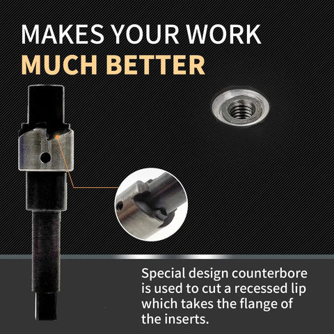 M12X1.5 Thread Repair Kit With Stainless Steel Inserts shown with drill and counterbore tool detail for recessed lip cutting.