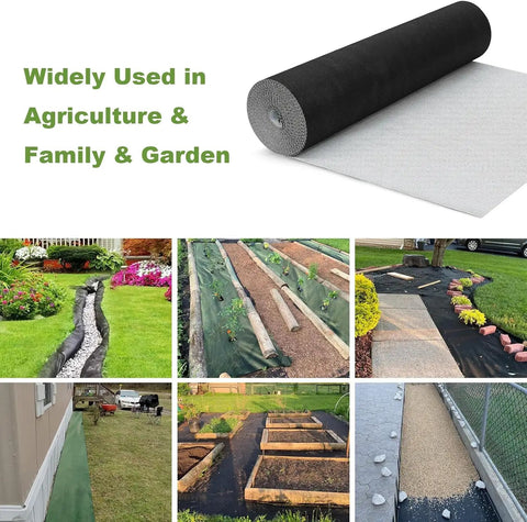 Heavy Duty Weed Barrier Landscape Fabric For Gardens And Yards Nonwoven Polypropylene Ground Cover Eco Friendly And Durable Weed Control Mat Green Black Design Easy Install 3x30 Ft shown in various garden and yard installations