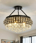 View of 5 Light Black Crystal Round Chandelier Chic Modern Semi Flush Mount Ceiling Light Fixture in living room setting