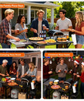Collage of Heavy Duty Pizza Oven Table With Topping Station On Wheels in various outdoor party settings with people enjoying pizzas.