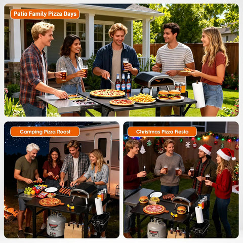 Collage of Heavy Duty Pizza Oven Table With Topping Station On Wheels in various outdoor party settings with people enjoying pizzas.