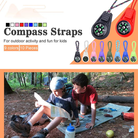 Kids Mini Compass Keychain Pack, 10 Pieces, Paracord Survival Compasses For Scouts And Hikers, colorful compasses with straps