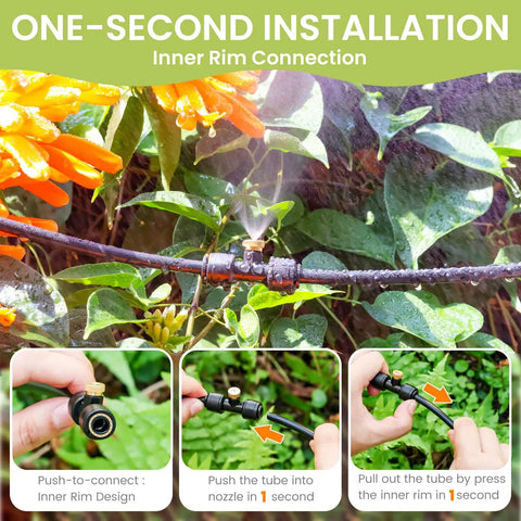 Close-up of Outdoor Misting System For Patio And Garden 85Ft, showing brass nozzle and quick-connect setup, with lush greenery.