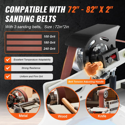 Heavy Duty 1500W Belt Grinder Sander And Variable Speed Belt Polisher With Vfd Drive No Sweat Knife Sharpener Rack For Metalworking Sixty By Two Inch Belts Ready To Roll showing compatible 72" x 2" sanding belts, various grits.