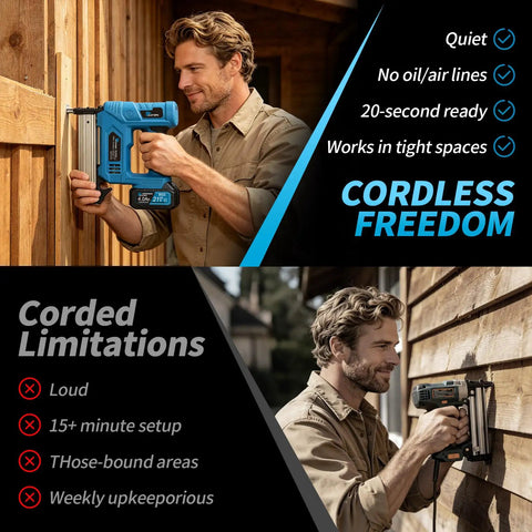 Man using Top Shelf Cordless Brad Nailer Kit With 21V Power And Hella Long Battery Life for wood fastening outdoors.