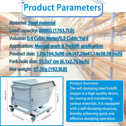 No Sweat Heavy Duty Steel Self Dumping Hopper Shifts From Forklift Or Push Cart Mode Effortlessly Features steel material and 800kg capacity.