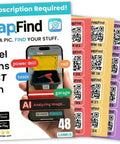 AI Auto Tagged QR Code Labels For Storage Bins And Moving Containers, 48 Color Coded Stickers shown with SnapFind app interface