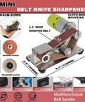 Smooth Operator Mini Belt Sander With 7 Adjustable Speeds And 15 Degree Angle Guide for compact knife sharpening and polishing.