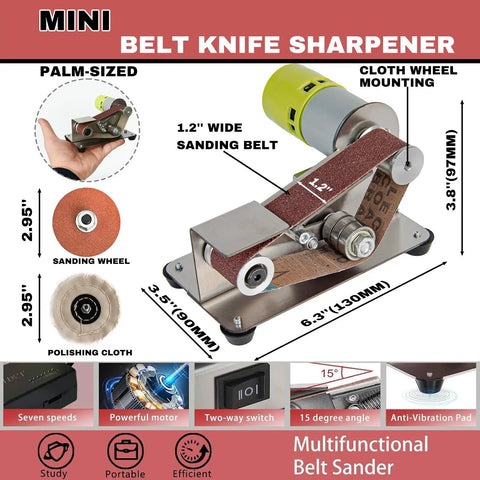 Smooth Operator Mini Belt Sander With 7 Adjustable Speeds And 15 Degree Angle Guide for compact knife sharpening and polishing.