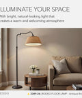 Antique Bronze Floor Lamp With Khaki Burlap Drum Shade, 3 Way Brightness And Adjustable Swing Arm in a cozy living room.