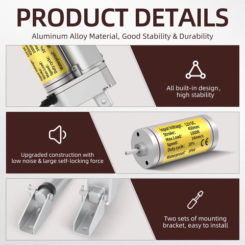 Rock Solid 18 Inch 12V Linear Actuator Handling 220 Lbs Of Push Pull Workload With Slick Rapid Cycling And Reverse Polarity Cutout Fabricated From Heavy Duty Aluminum For RV Road Trips product details image showcasing aluminum construction, motor specs, and mounting brackets.
