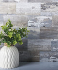 Decorative plant in front of Peel And Stick Tile Backsplash Kit 102 Piece 3 By 6 Inch Distressed Wood Subway Planks Waterproof Heat Resistant