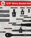 3/8 Inch Drive Impact Socket Set, 90 Piece Metric Socket Kit With 6 Point Sockets 6-22mm And SAE 5/16-15/16, Includes ratchets and adapters