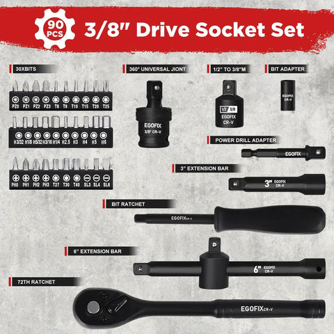 3/8 Inch Drive Impact Socket Set, 90 Piece Metric Socket Kit With 6 Point Sockets 6-22mm And SAE 5/16-15/16, Includes ratchets and adapters