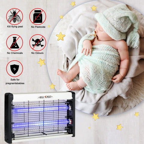 Two Pack Electric Bug Zapper Indoor And Outdoor Insect Killer With Four Replacement Bulbs 20W Blue Light Powerful 2800V Attracts Flies And Mosquitoes Plug In Pest Control For Home Patio And Garage product with baby in soft blanket.