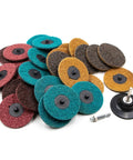 31 Pcs 3 Inch Surface Conditioning Discs With Quick Change Twist Lock System And 1/4 Inch Shank For Die Grinder Prep Strip Grind Polish Finish And Rust Paint Removal, assorted colored discs with shank and twist lock adapter visible.